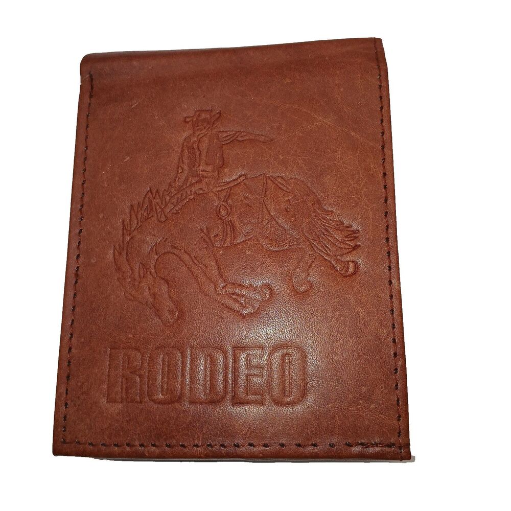 Vintage Men’s Western Wallet Leather Embossed Rodeo Bifold Buck Scene Brown READ